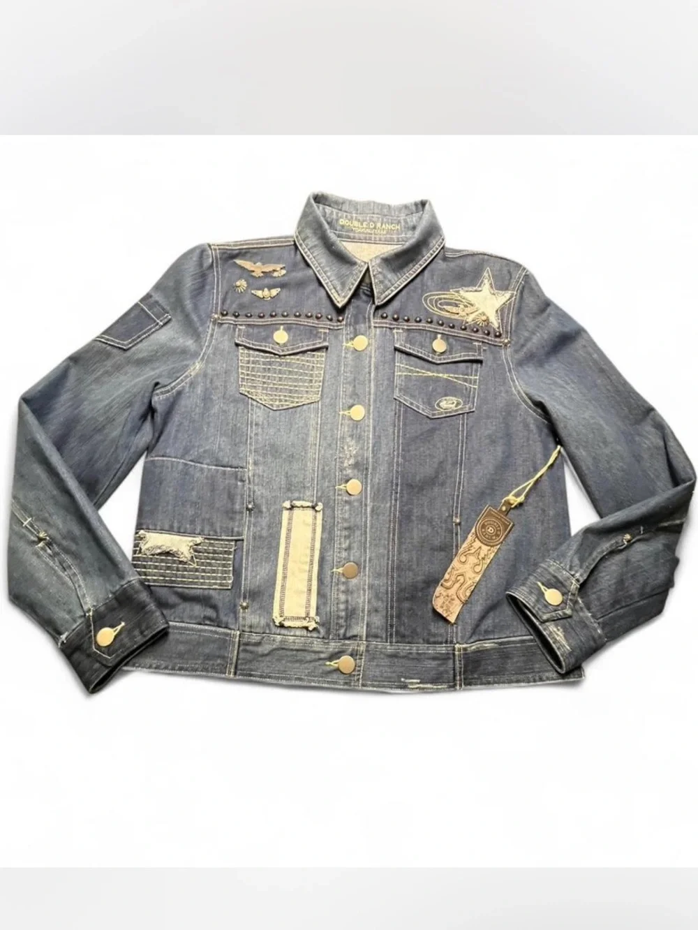 NWT Double D Ranch denim jacket with studs, turquoise charms, and patches, XL - Picture 2 of 12